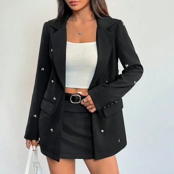 Black Elegant Women's Heart Decor Single Button Casual Long Sleeve Blazer - Picture 5 of 7